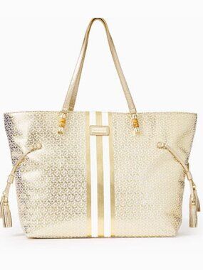 Lilly Pulitzer Mizner Tote in Gold Lilly’s Lemon Stripe.
